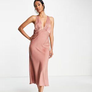ASOS DESIGN satin bias cut plunge racer back midi dress in pink/mauve